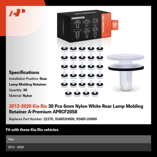 2012-2020 Kia Rio 30 Pcs 6mm Nylon White Rear Lamp Molding Retainer A-Premium APRCF2058