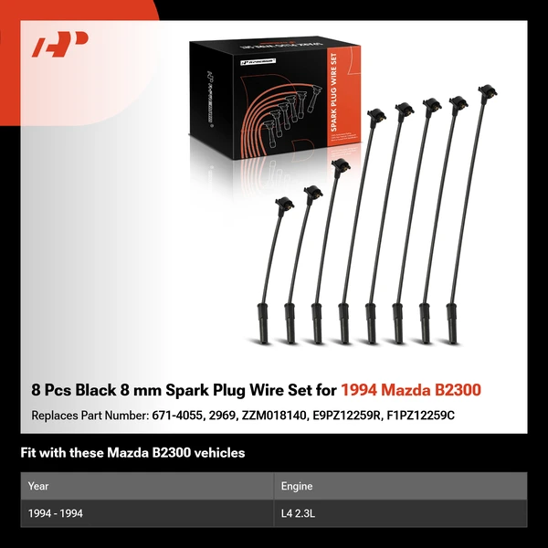 8 Pcs Black 8 mm Spark Plug Wire Set for 1994 Mazda B2300