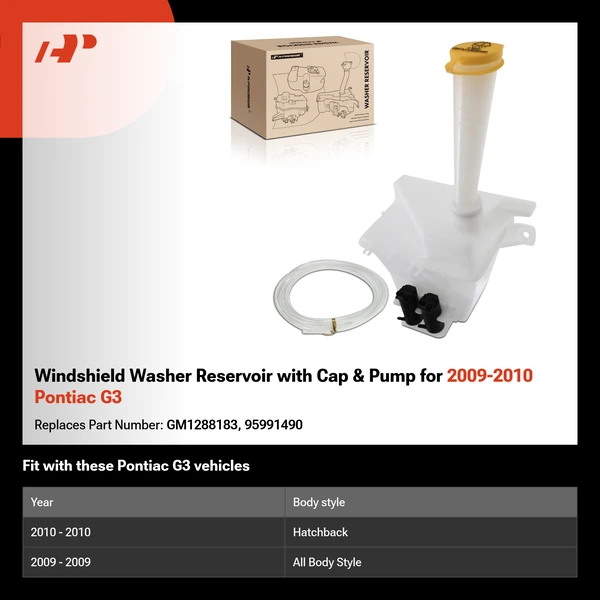 Windshield Washer Reservoir with Cap & Pump for 2009-2010 Pontiac G3