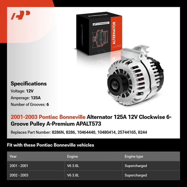 2001-2003 Pontiac Bonneville Alternator 125A 12V Clockwise 6-Groove Pulley A-Premium APALT573