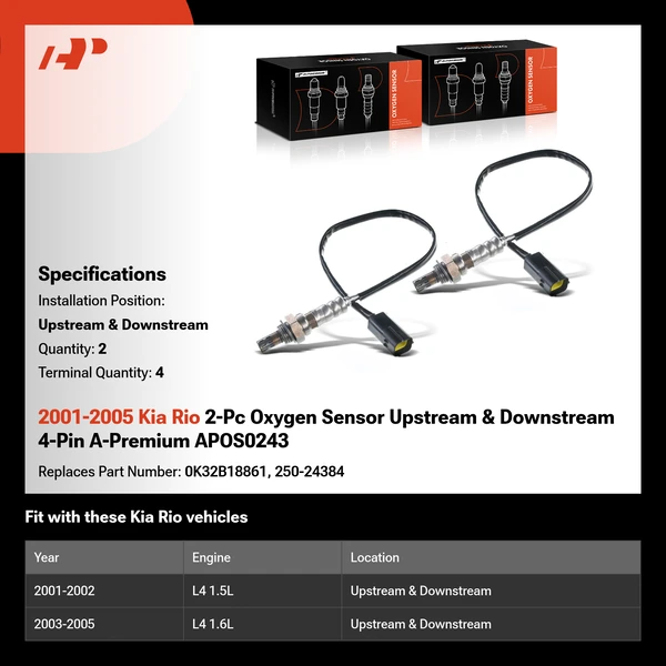 2001-2005 Kia Rio 2-Pc Oxygen Sensor Upstream & Downstream 4-Pin A-Premium APOS0243