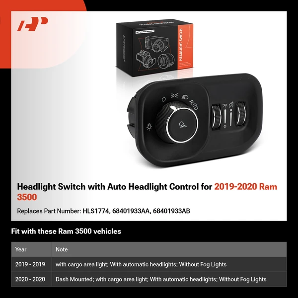Headlight Switch with Auto Headlight Control for 2019-2020 Ram 3500