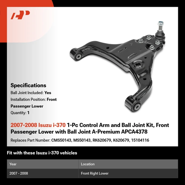 2007-2008 Isuzu i-370 1-Pc Control Arm and Ball Joint Kit, Front Passenger Lower with Ball Joint A-Premium APCA4378