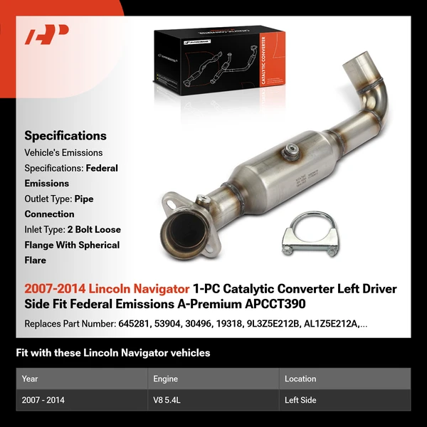 2007-2014 Lincoln Navigator 1-PC Catalytic Converter Left Driver Side Fit Federal Emissions A-Premium APCCT390