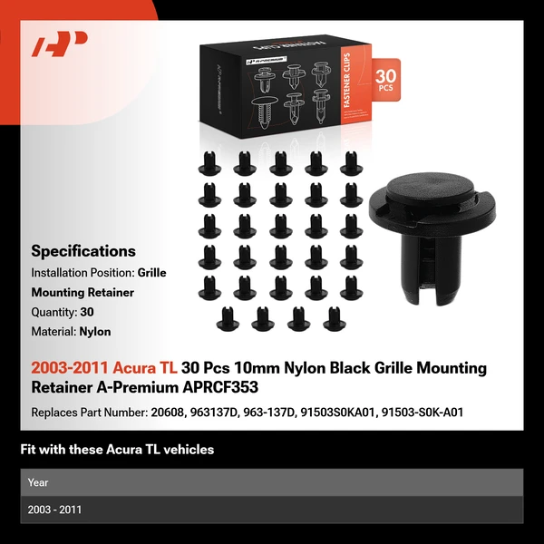 2003-2011 Acura TL 30 Pcs 10mm Nylon Black Grille Mounting Retainer A-Premium APRCF353