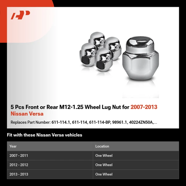 5 Pcs Front or Rear M12-1.25 Wheel Lug Nut for 2007-2013 Nissan Versa