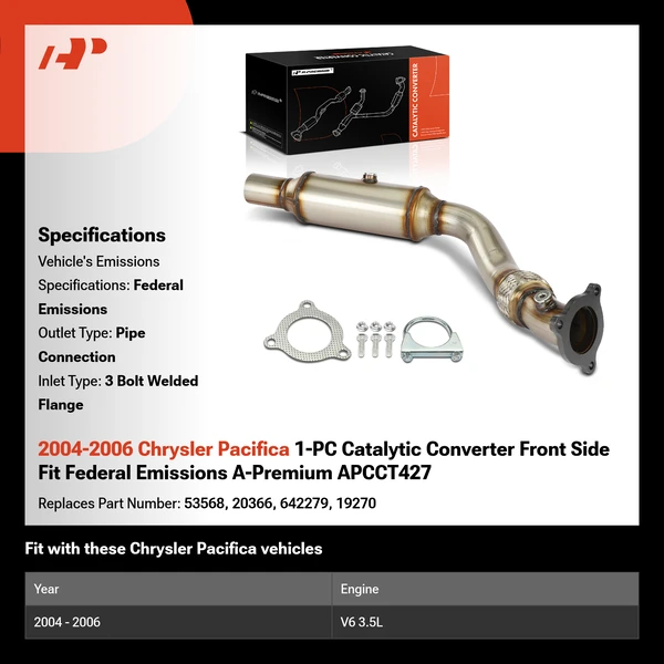 2004-2006 Chrysler Pacifica 1-PC Catalytic Converter Front Side Fit Federal Emissions A-Premium APCCT427