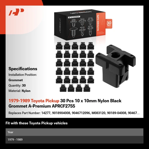 1979-1989 Toyota Pickup 30 Pcs 10 x 10mm Nylon Black Grommet A-Premium APRCF2755