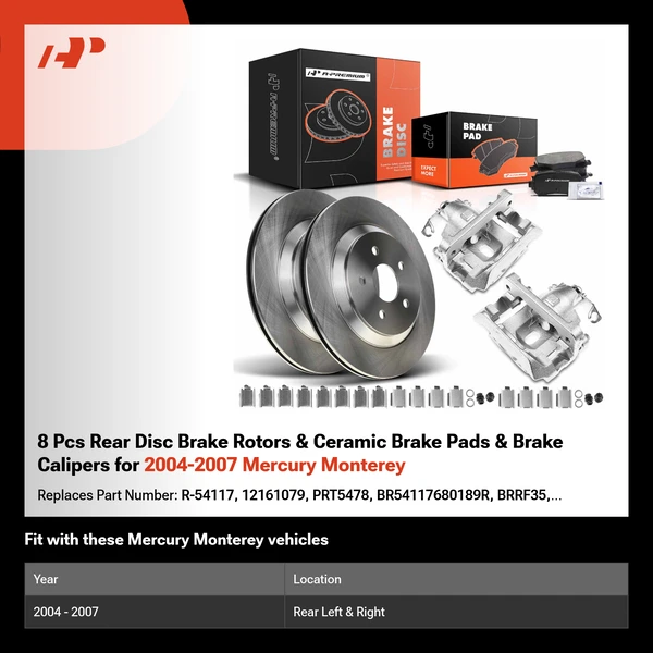 8 Pcs Rear Disc Brake Rotors & Ceramic Brake Pads & Brake Calipers for 2004-2007 Mercury Monterey