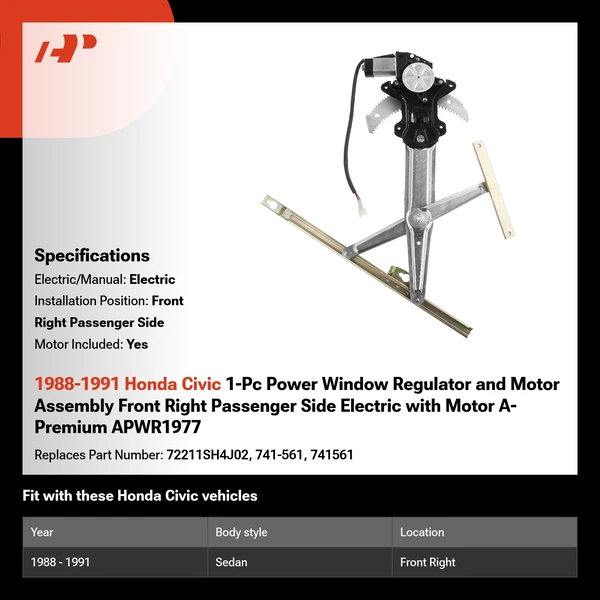 1988-1991 Honda Civic 1-Pc Power Window Regulator and Motor Assembly Front Right Passenger Side Electric with Motor A-Premium APWR1977