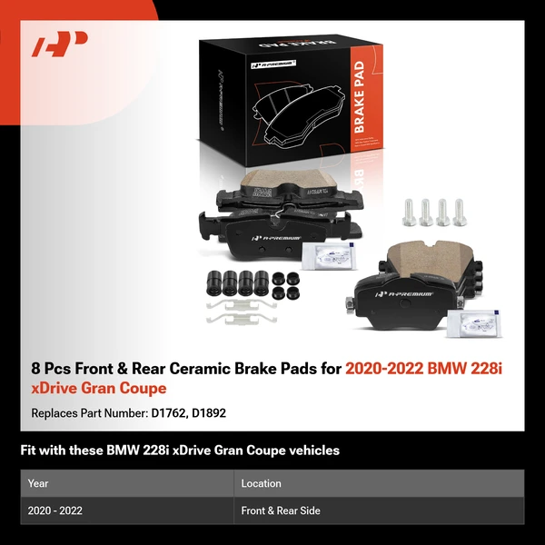 8 Pcs Front & Rear Ceramic Brake Pads for 2020-2022 BMW 228i xDrive Gran Coupe
