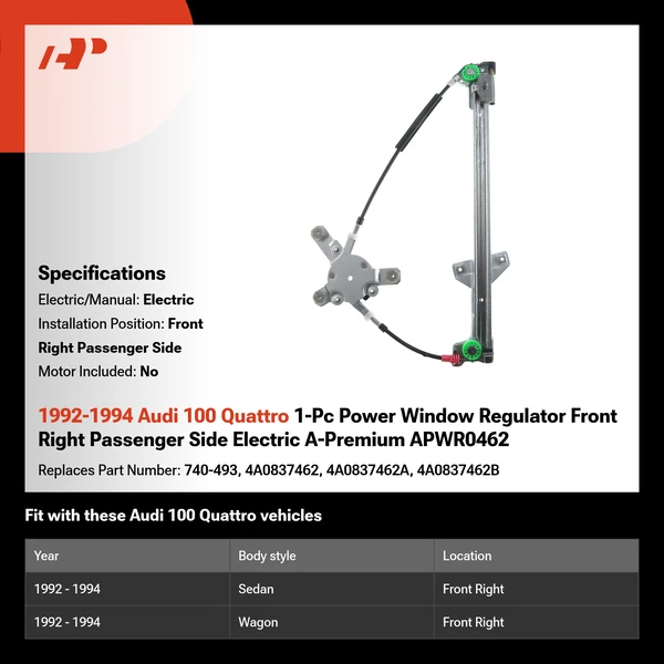 1992-1994 Audi 100 Quattro 1-Pc Power Window Regulator Front Right Passenger Side Electric A-Premium APWR0462