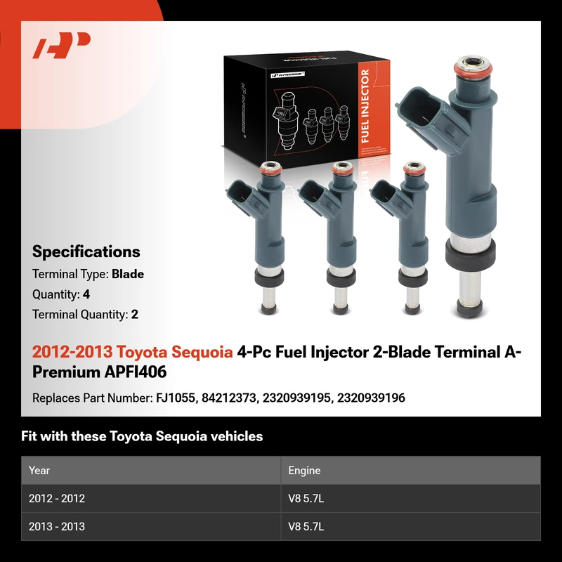 2012-2013 Toyota Sequoia 4-Pc Fuel Injector 2-Blade Terminal A-Premium APFI406