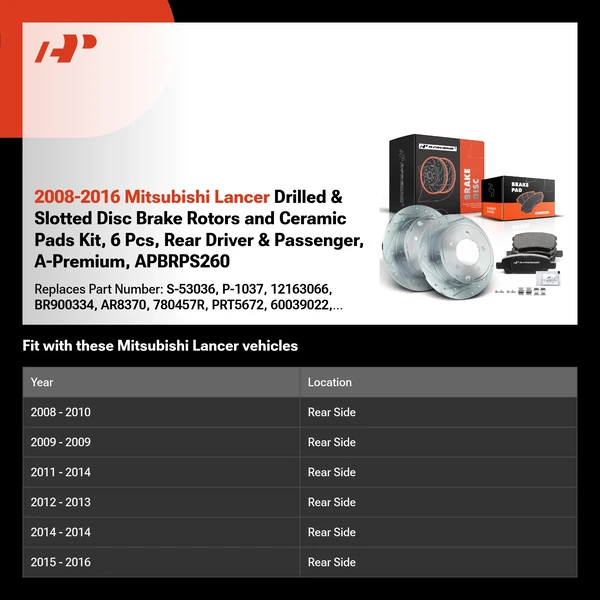 2008-2016 Mitsubishi Lancer Drilled & Slotted Disc Brake Rotors and Ceramic Pads Kit, 6 Pcs, Rear Driver & Passenger, A-Premium, APBRPS260