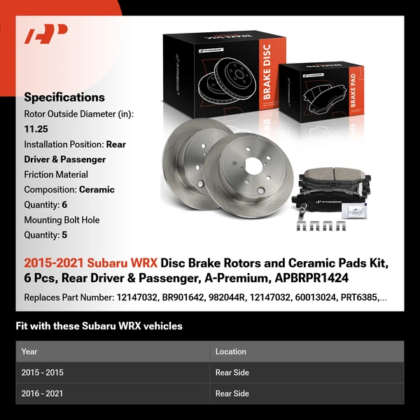 2015-2021 Subaru WRX Disc Brake Rotors and Ceramic Pads Kit, 6 Pcs, Rear Driver & Passenger, A-Premium, APBRPR1424