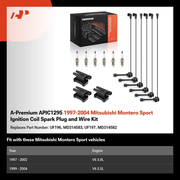 A-Premium APIC1295 1997-2004 Mitsubishi Montero Sport Ignition Coil Spark Plug and Wire Kit