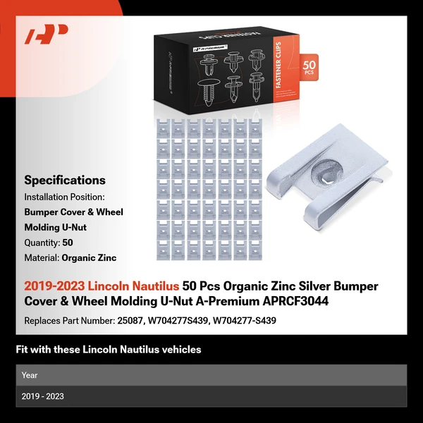 2019-2023 Lincoln Nautilus 50 Pcs Organic Zinc Silver Bumper Cover & Wheel Molding U-Nut A-Premium APRCF3044
