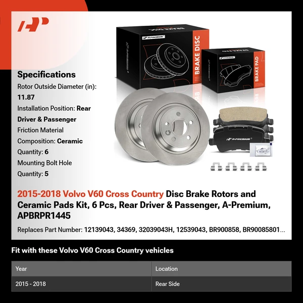 2015-2018 Volvo V60 Cross Country Disc Brake Rotors and Ceramic Pads Kit, 6 Pcs, Rear Driver & Passenger, A-Premium, APBRPR1445