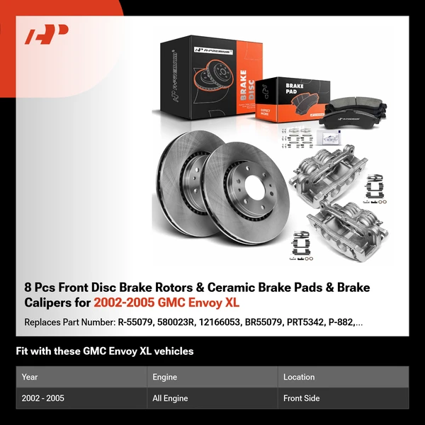 8 Pcs Front Disc Brake Rotors & Ceramic Brake Pads & Brake Calipers for 2002-2005 GMC Envoy XL