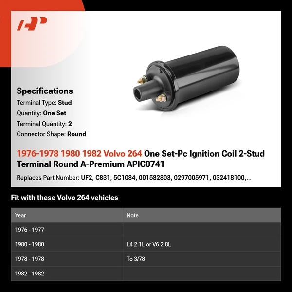 1976-1978 1980 1982 Volvo 264 One Set-Pc Ignition Coil 2-Stud Terminal Round A-Premium APIC0741