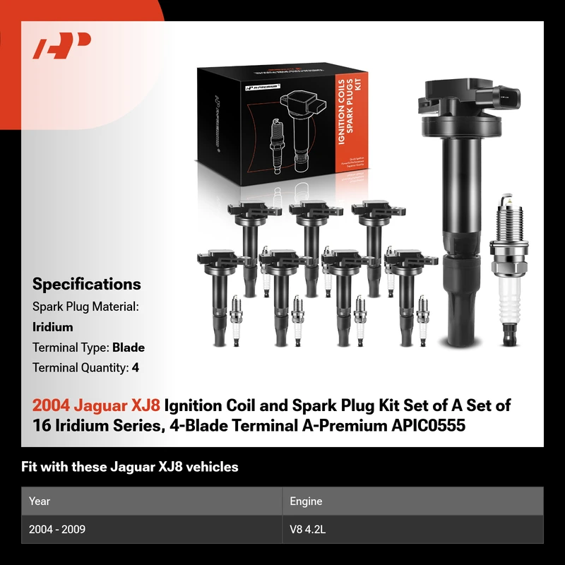 2004 Jaguar XJ8 Ignition Coil and Spark Plug Kit Set of A Set of 16 Iridium Series, 4-Blade Terminal A-Premium APIC0555