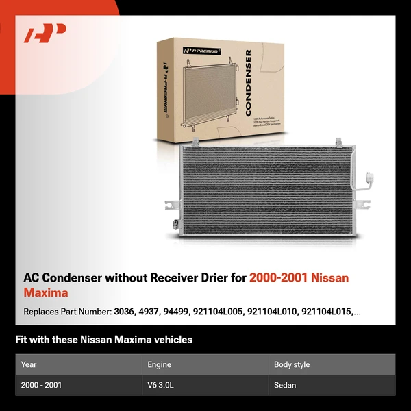 AC Condenser without Receiver Drier for 2000-2001 Nissan Maxima