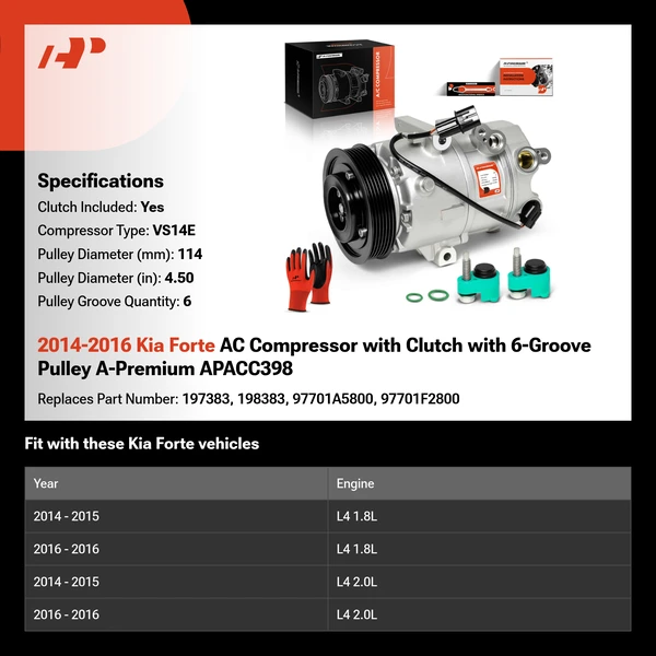 2014-2016 Kia Forte AC Compressor with Clutch with 6-Groove Pulley A-Premium APACC398