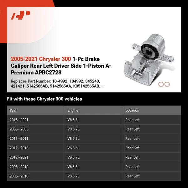 2005-2021 Chrysler 300 1-Pc Brake Caliper Rear Left Driver Side 1-Piston A-Premium APBC2728