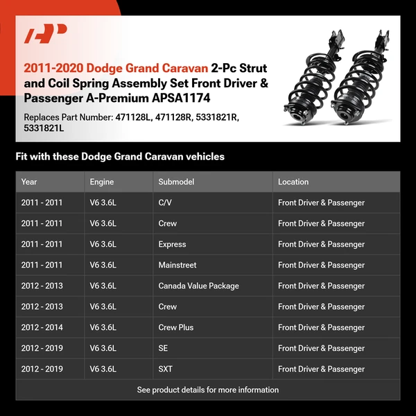 2011-2020 Dodge Grand Caravan 2-Pc Strut and Coil Spring Assembly Set Front Driver & Passenger A-Premium APSA1174