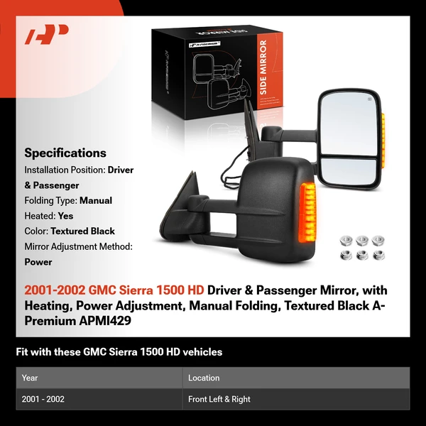 2001-2002 GMC Sierra 1500 HD Driver & Passenger Mirror, with Heating, Power Adjustment, Manual Folding, Textured Black A-Premium APMI429