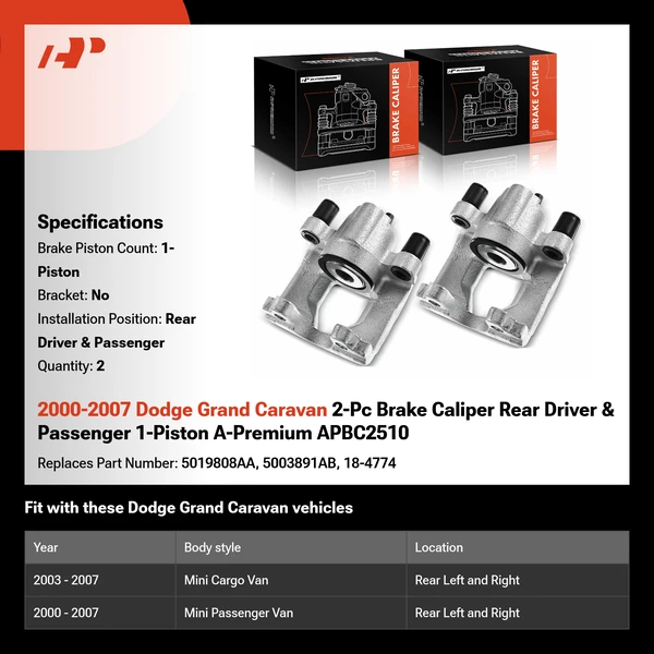 2000-2007 Dodge Grand Caravan 2-Pc Brake Caliper Rear Driver & Passenger 1-Piston A-Premium APBC2510