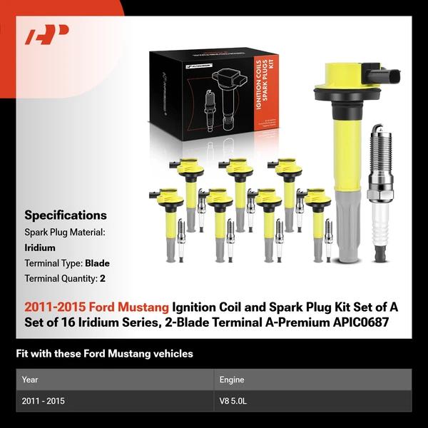 2011-2015 Ford Mustang Ignition Coil and Spark Plug Kit Set of A Set of 16 Iridium Series, 2-Blade Terminal A-Premium APIC0687