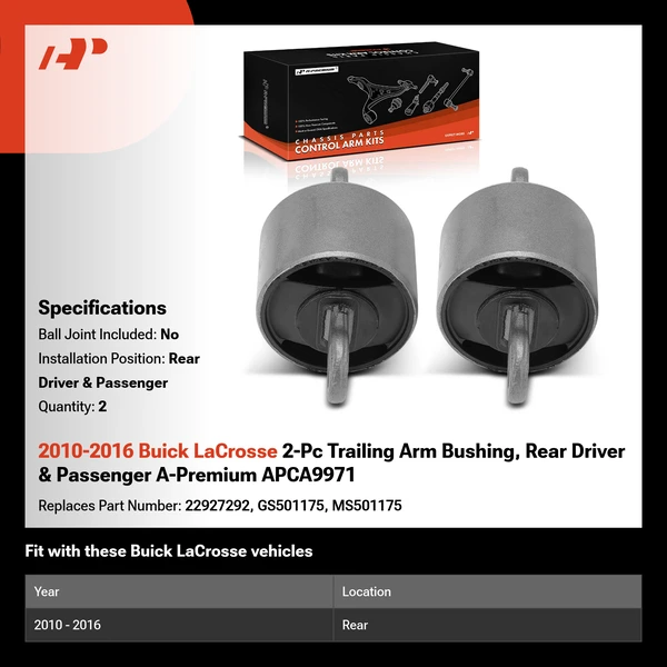 2010-2016 Buick LaCrosse 2-Pc Trailing Arm Bushing, Rear Driver & Passenger A-Premium APCA9971