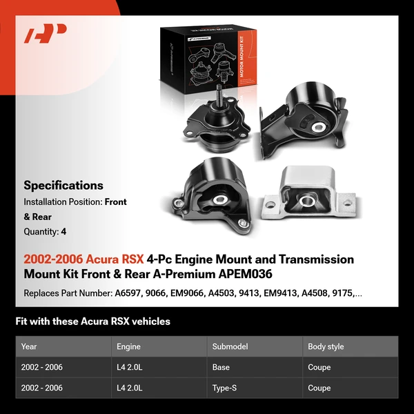 2002-2006 Acura RSX 4-Pc Engine Mount and Transmission Mount Kit Front & Rear A-Premium APEM036