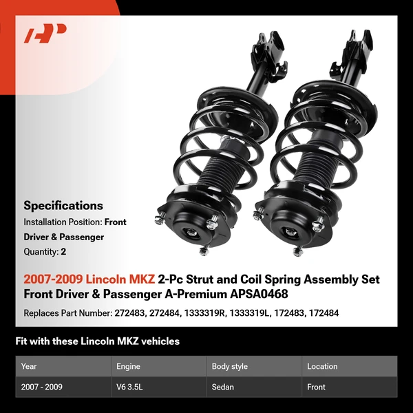 2007-2009 Lincoln MKZ 2-Pc Strut and Coil Spring Assembly Set Front Driver & Passenger A-Premium APSA0468