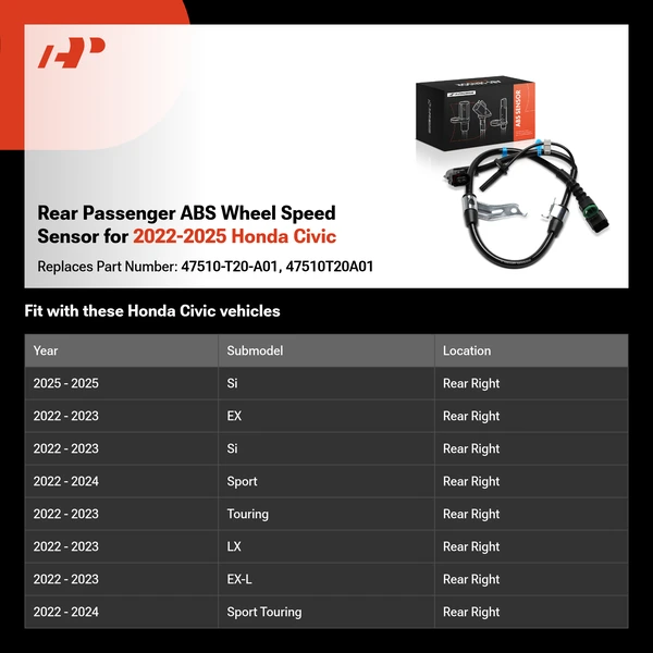 Rear Passenger ABS Wheel Speed Sensor for 2022-2025 Honda Civic