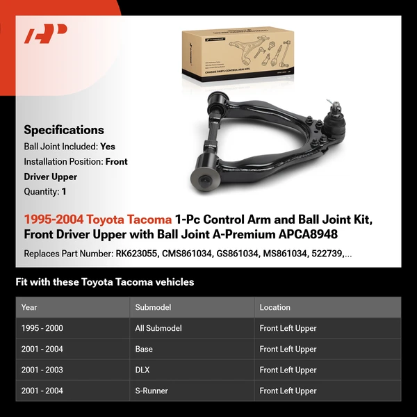 1995-2004 Toyota Tacoma 1-Pc Control Arm and Ball Joint Kit, Front Driver Upper with Ball Joint A-Premium APCA8948