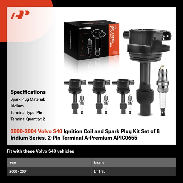 2000-2004 Volvo S40 Ignition Coil and Spark Plug Kit Set of 8 Iridium Series, 2-Pin Terminal A-Premium APIC0655