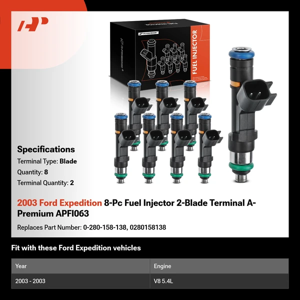 2003 Ford Expedition 8-Pc Fuel Injector 2-Blade Terminal A-Premium APFI063