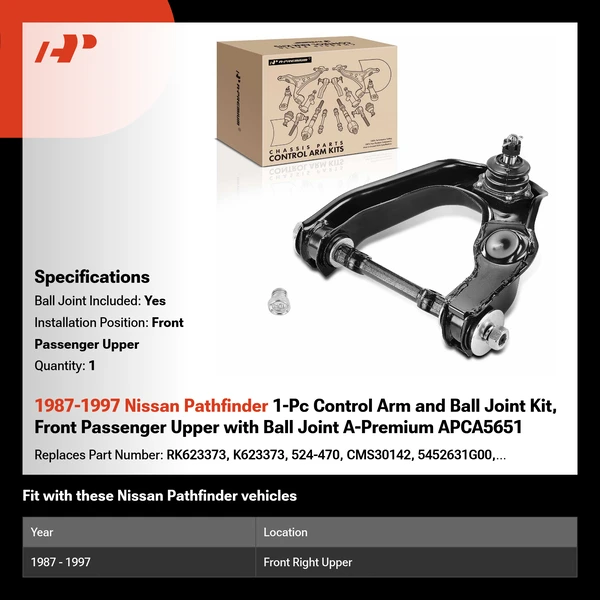 1987-1997 Nissan Pathfinder 1-Pc Control Arm and Ball Joint Kit, Front Passenger Upper with Ball Joint A-Premium APCA5651