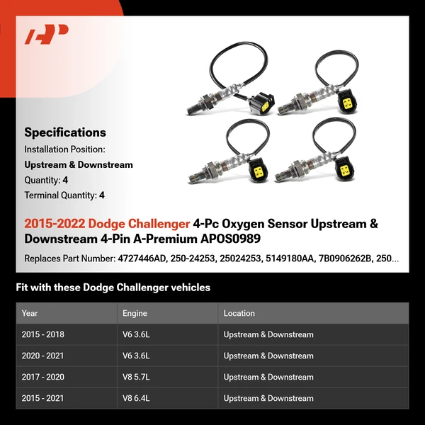 2015-2022 Dodge Challenger 4-Pc Oxygen Sensor Upstream & Downstream 4-Pin A-Premium APOS0989