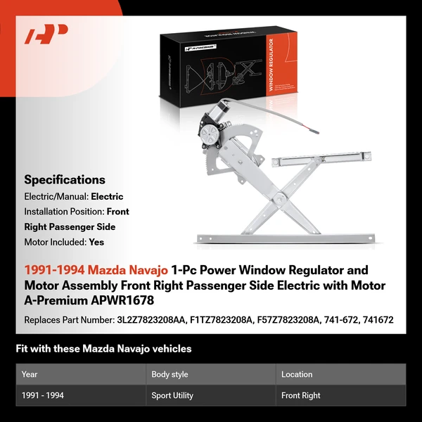 1991-1994 Mazda Navajo 1-Pc Power Window Regulator and Motor Assembly Front Right Passenger Side Electric with Motor A-Premium APWR1678