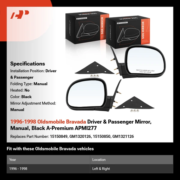 1996-1998 Oldsmobile Bravada Driver & Passenger Mirror, Manual, Black A-Premium APMI277