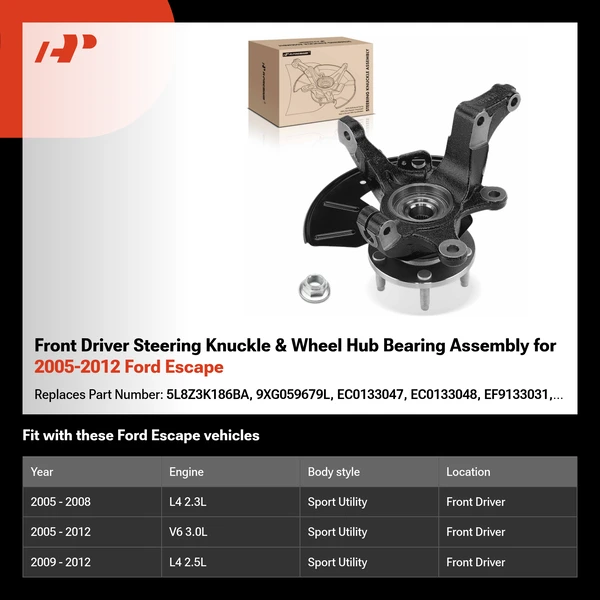 Front Driver Steering Knuckle & Wheel Hub Bearing Assembly for 2005-2012 Ford Escape
