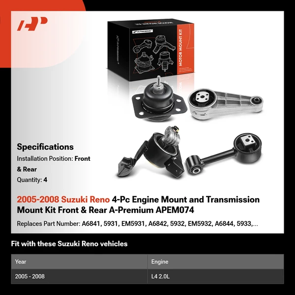 2005-2008 Suzuki Reno 4-Pc Engine Mount and Transmission Mount Kit Front & Rear A-Premium APEM074