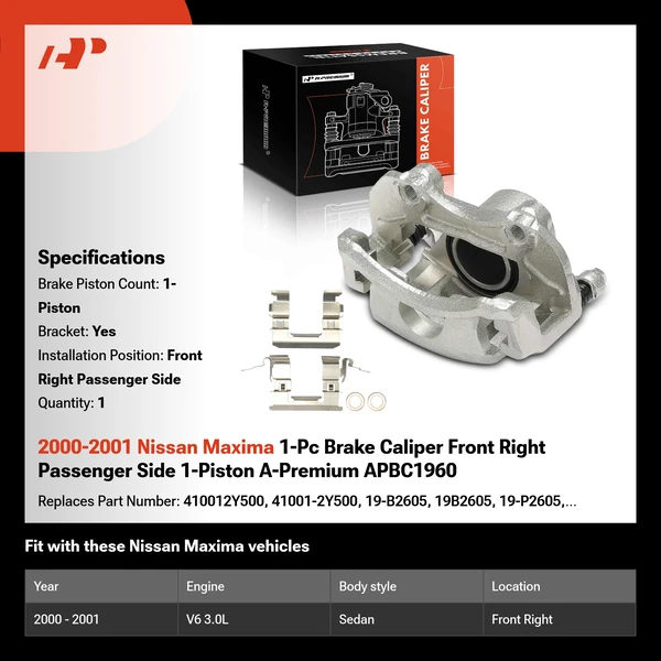 2000-2001 Nissan Maxima 1-Pc Brake Caliper Front Right Passenger Side 1-Piston A-Premium APBC1960
