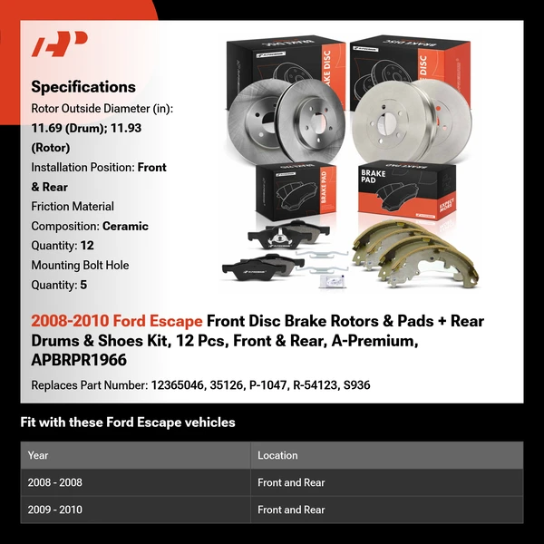 2008-2010 Ford Escape Front Disc Brake Rotors & Pads + Rear Drums & Shoes Kit, 12 Pcs, Front & Rear, A-Premium, APBRPR1966