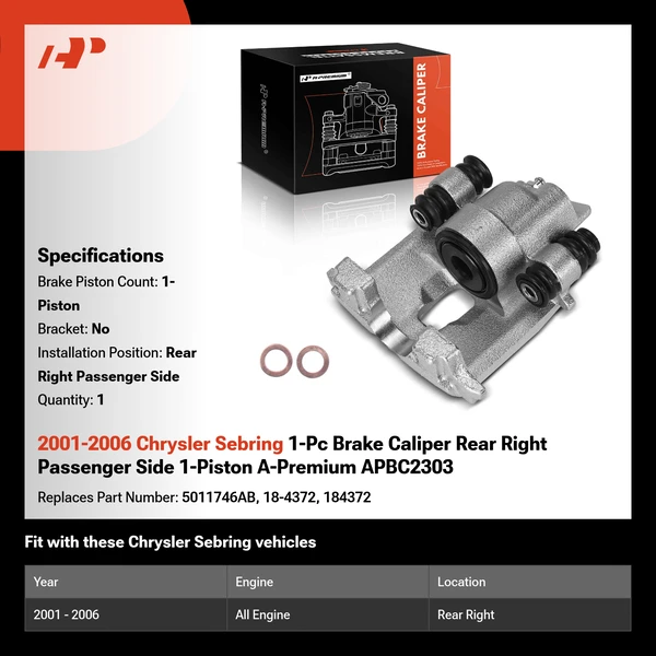 2001-2006 Chrysler Sebring 1-Pc Brake Caliper Rear Right Passenger Side 1-Piston A-Premium APBC2303