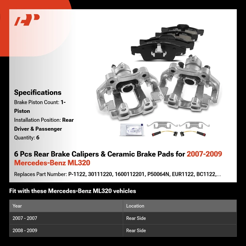 6 Pcs Rear Brake Calipers & Ceramic Brake Pads for 2007-2009 Mercedes-Benz ML320