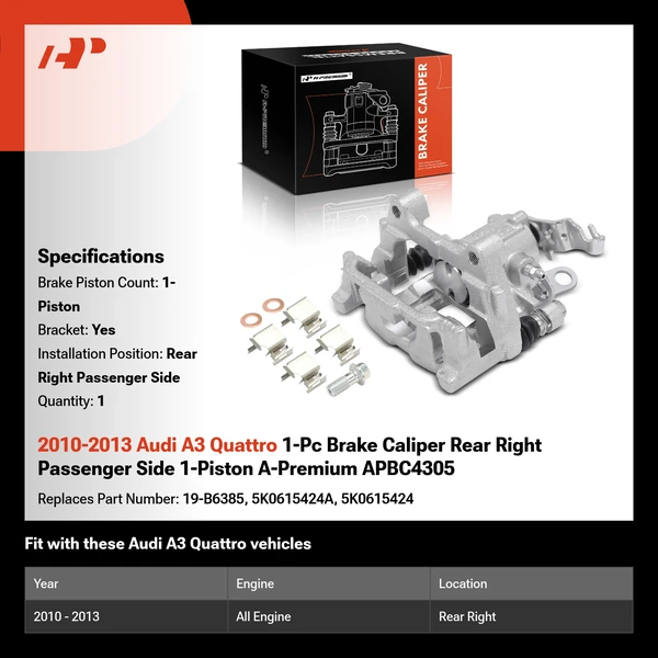 2010-2013 Audi A3 Quattro 1-Pc Brake Caliper Rear Right Passenger Side 1-Piston A-Premium APBC4305